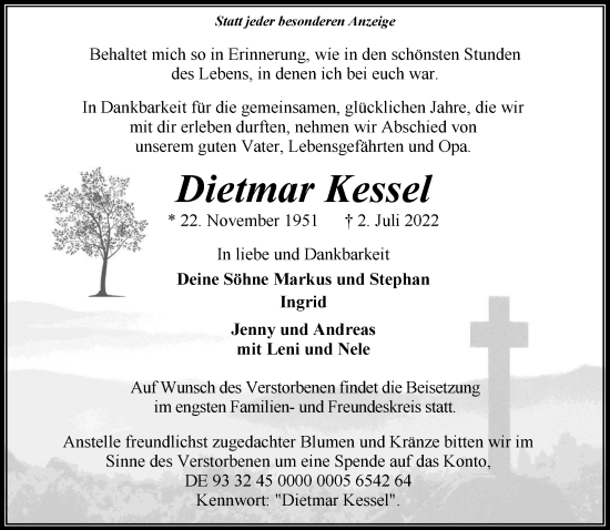 Traueranzeige von Dietmar Kessel 