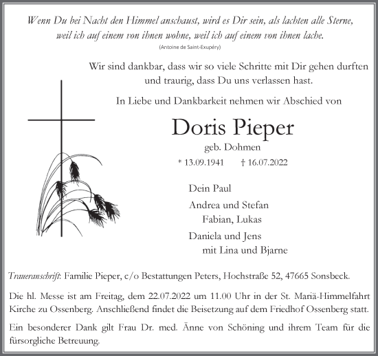 Traueranzeige von Doris Pieper 