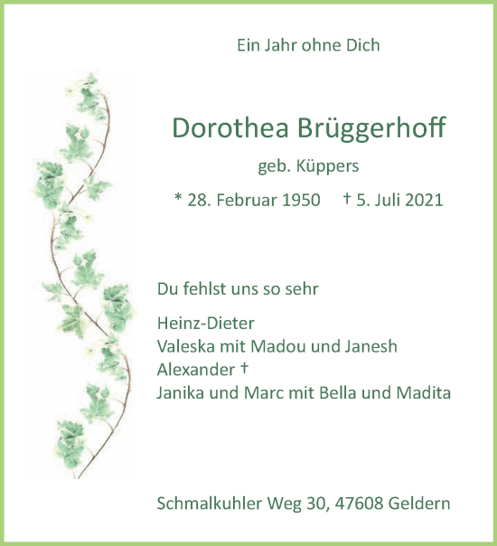 Traueranzeige von Dorothea Brüggerhoff 