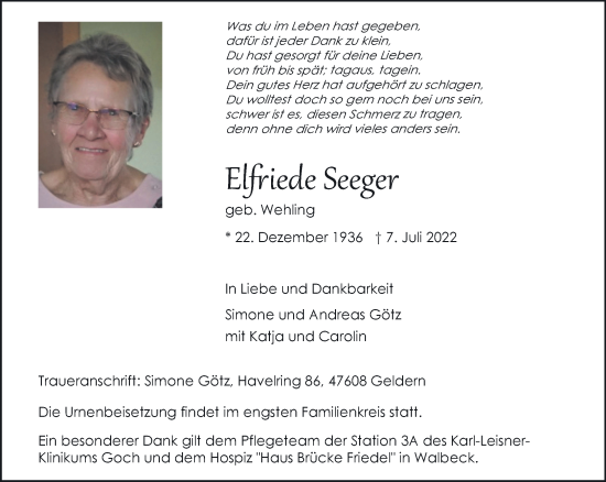 Traueranzeige von Elfriede Seeger 