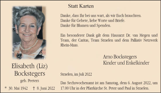 Traueranzeige von Elisabeth  Bockstegers 