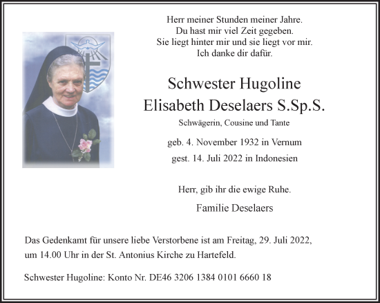 Traueranzeige von Elisabeth Deselaers 