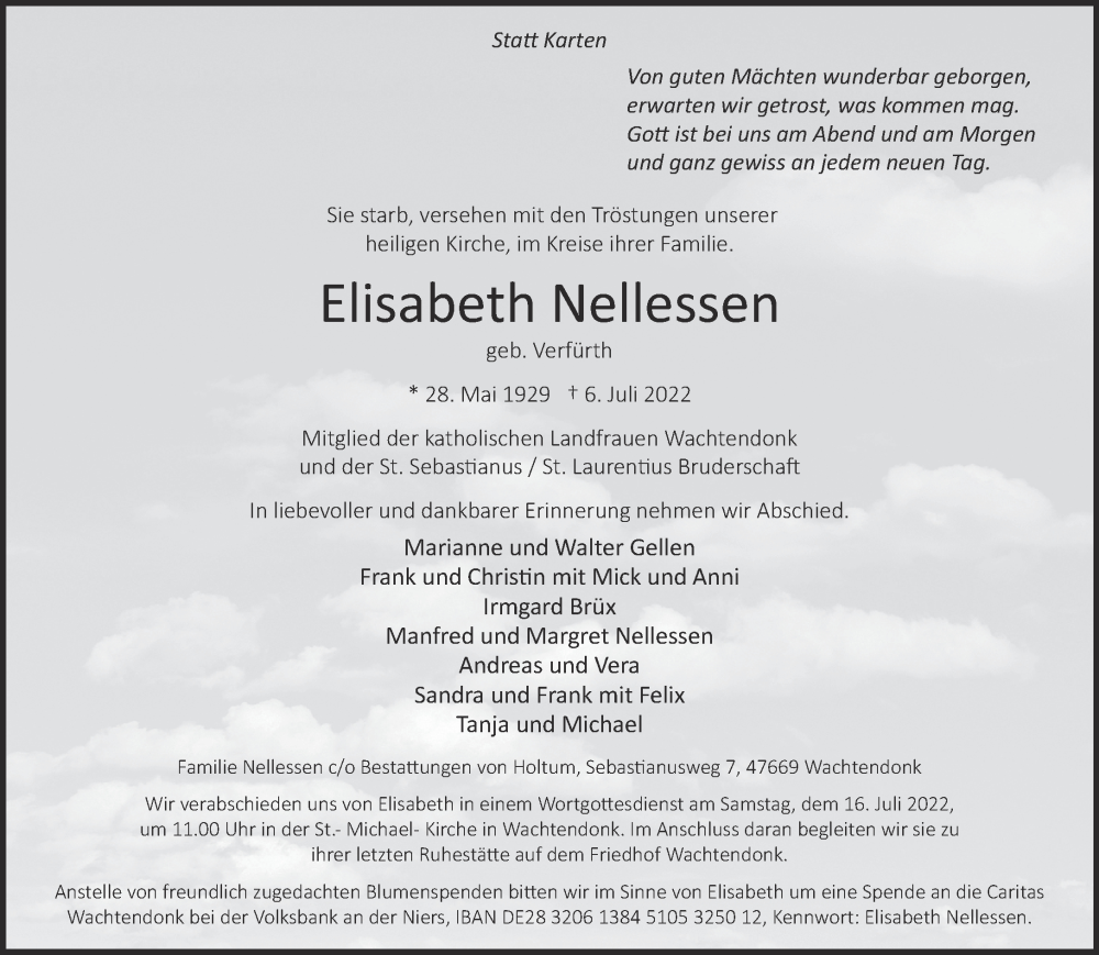 Traueranzeige für Elisabeth Nellessen vom 09.07.2022 aus 
