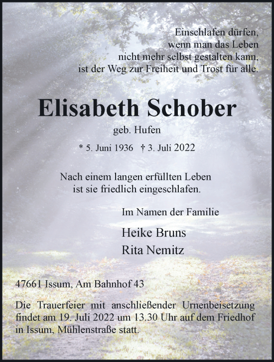 Traueranzeige von Elisabeth Schober 