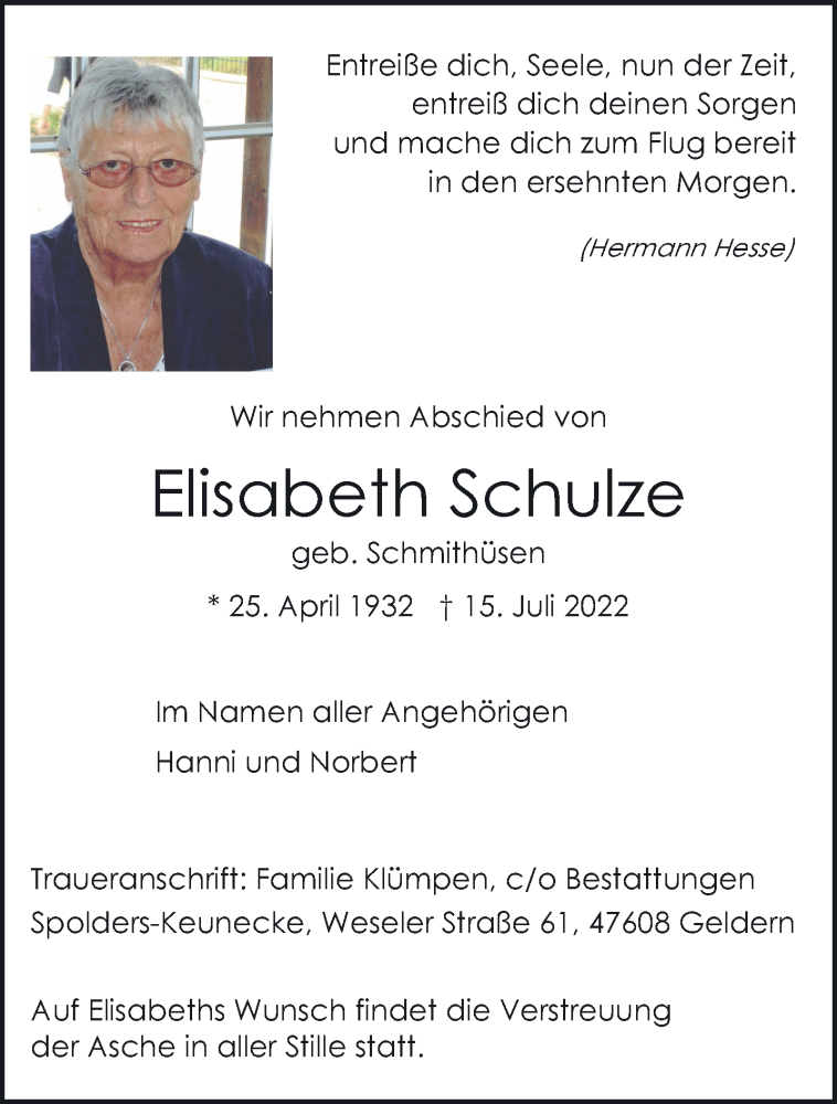  Traueranzeige für Elisabeth Schulze vom 23.07.2022 aus 