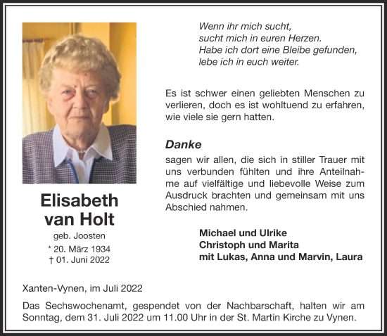 Traueranzeige von Elisabeth van Holt 