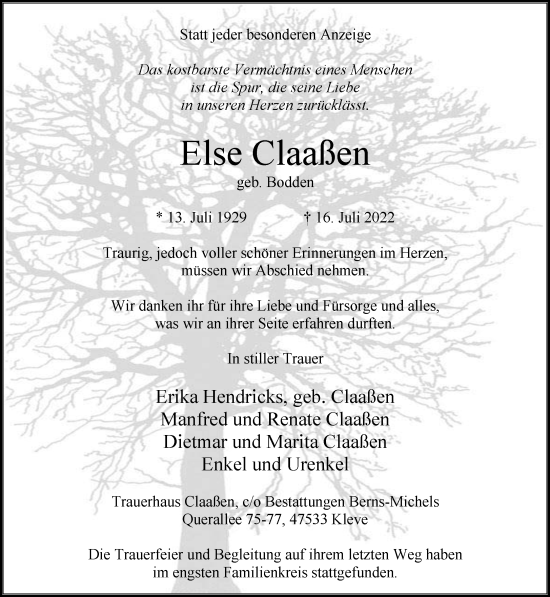Traueranzeige von Else Claaßen 
