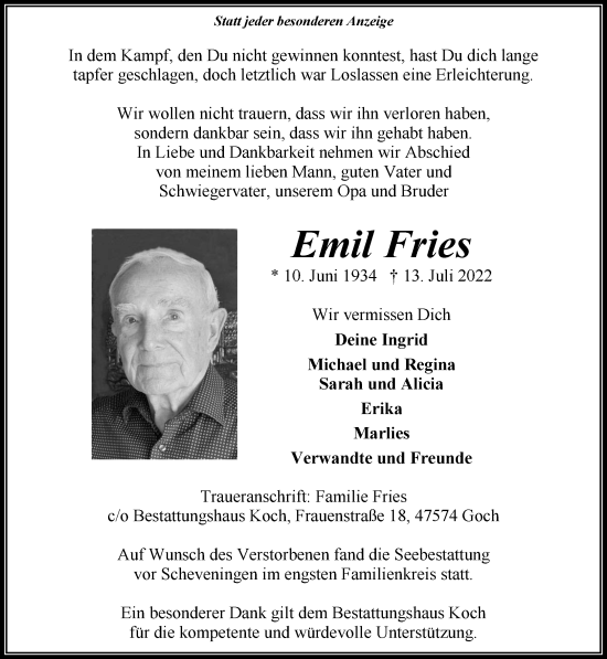 Traueranzeige von Emil Fries 