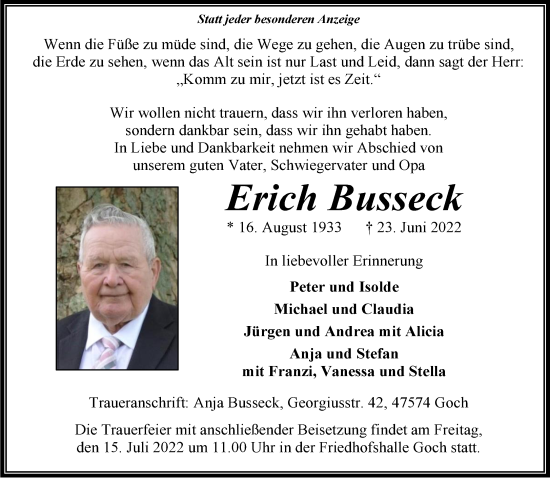 Traueranzeige von Erich Busseck 