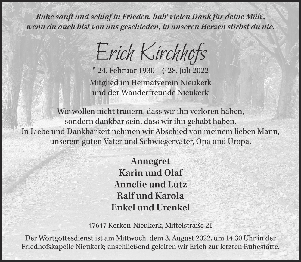 Traueranzeige für Erich Kirchhofs vom 30.07.2022 aus 