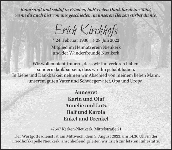 Traueranzeige von Erich Kirchhofs 