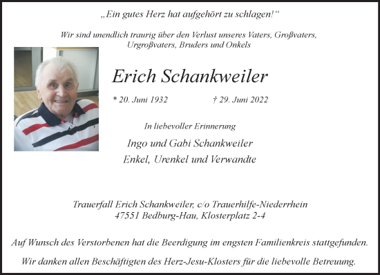 Traueranzeige von Erich Schankweiler 