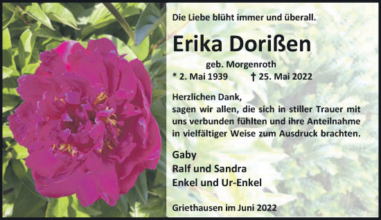 Traueranzeige von Erika Dorißen 