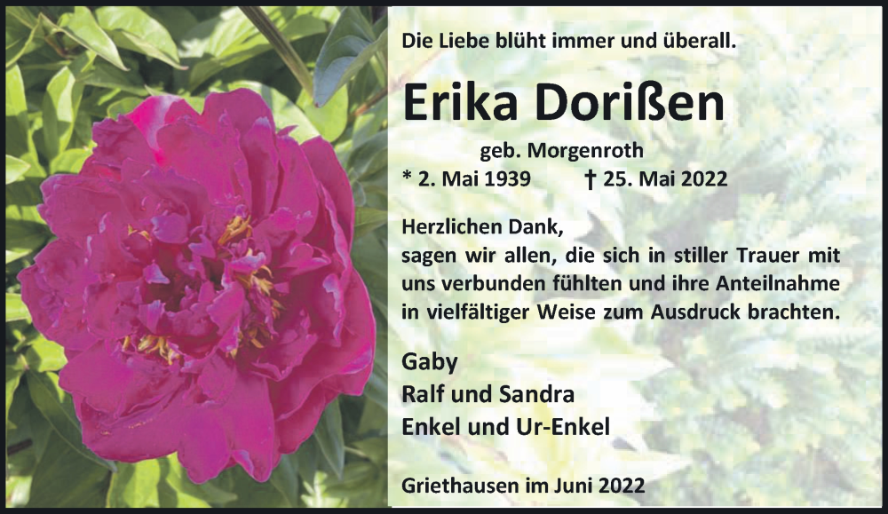  Traueranzeige für Erika Dorißen vom 02.07.2022 aus 