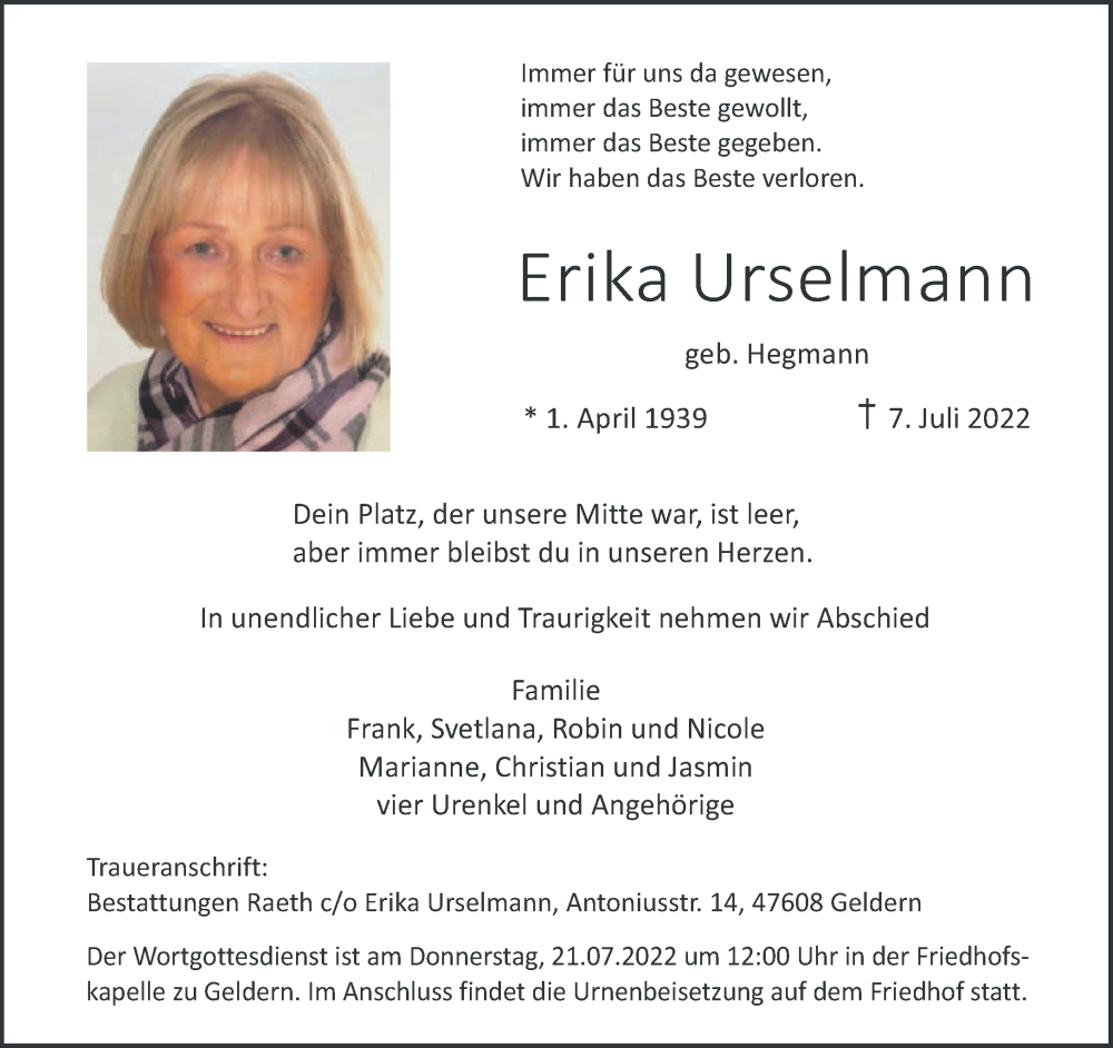  Traueranzeige für Erika Urselmann vom 16.07.2022 aus 