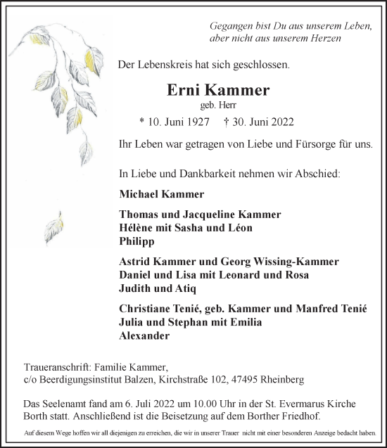 Traueranzeige von Erni Kammer 