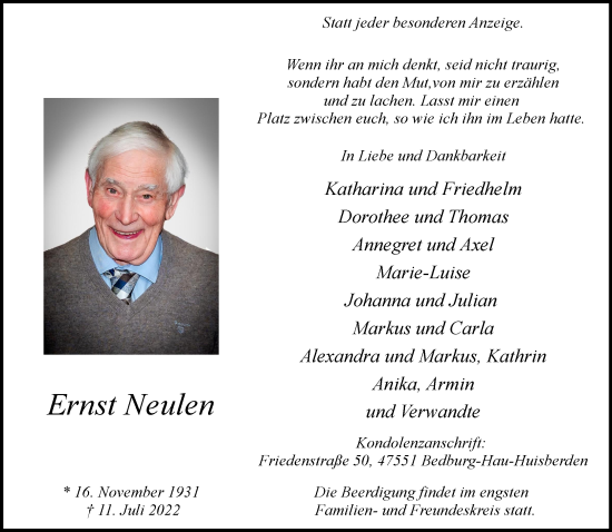 Traueranzeige von Ernst Neulen 