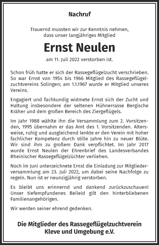 Traueranzeige von Ernst Neulen 