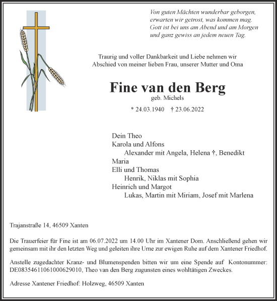Traueranzeige von Fine van den Berg 