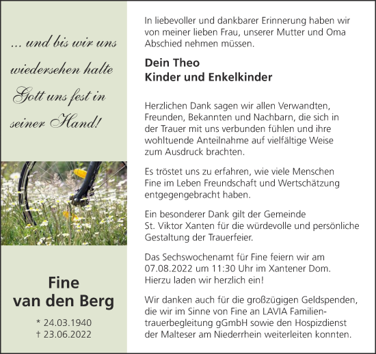 Traueranzeige von Fine van den Berg 