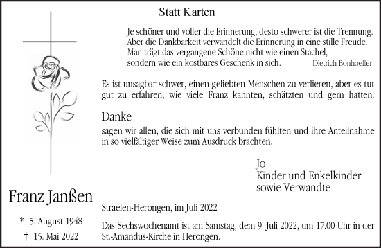 Traueranzeige von Franz Janßen 