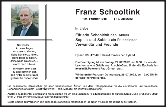 Traueranzeige von Franz Schooltink 
