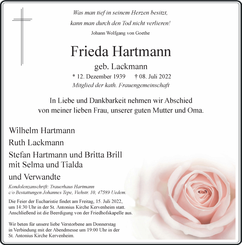  Traueranzeige für Frieda Hartmann vom 13.07.2022 aus 