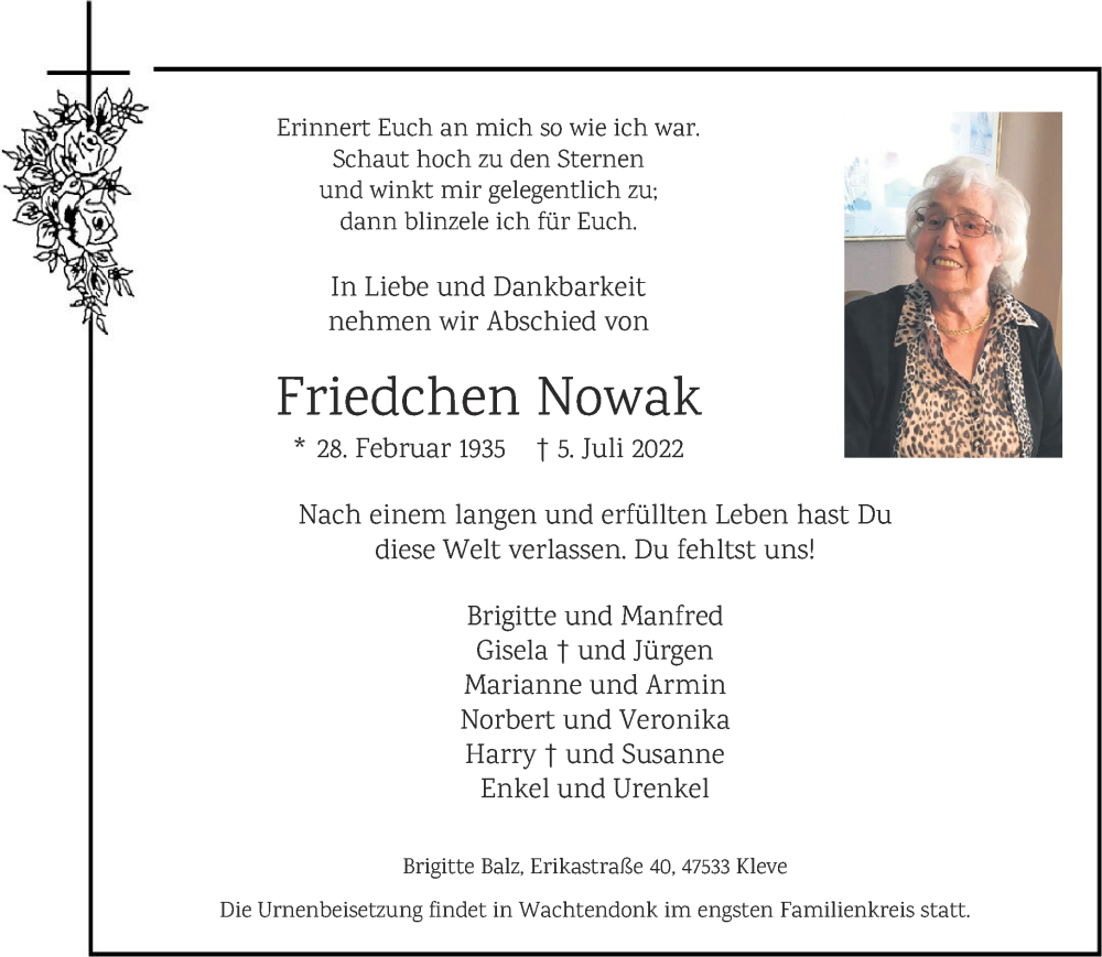  Traueranzeige für Friedchen Nowak vom 09.07.2022 aus 