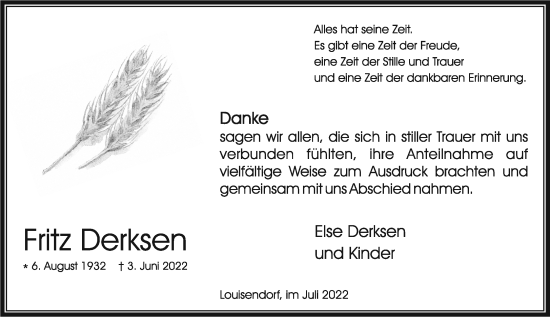 Traueranzeige von Fritz Derksen 