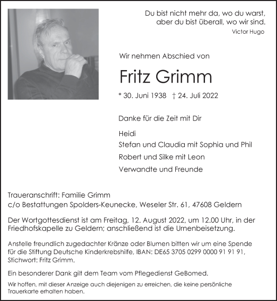 Traueranzeige von Fritz Grimm 
