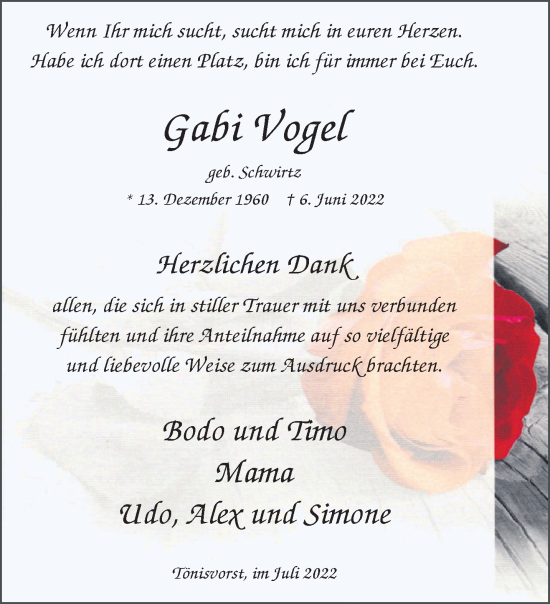 Traueranzeige von Gabi Vogel 