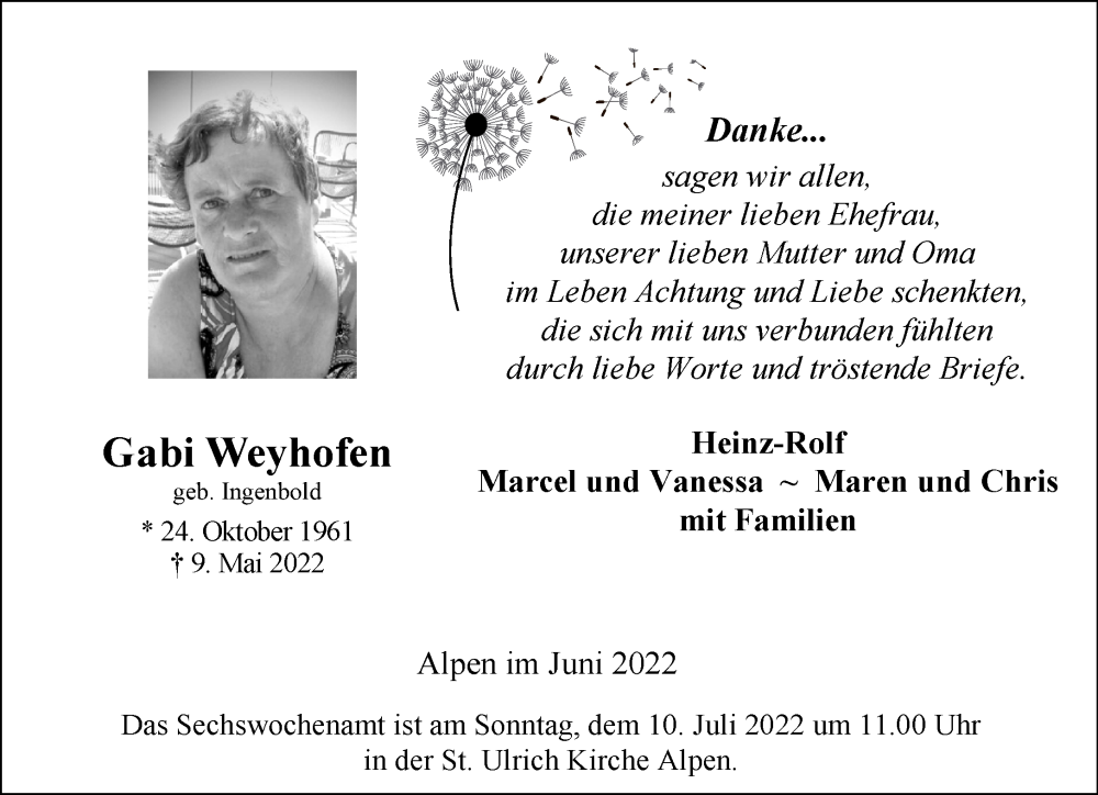 Traueranzeige für Gabi Weyhofen vom 06.07.2022 aus 