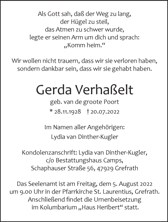 Traueranzeige von Gerda Verhaßelt 