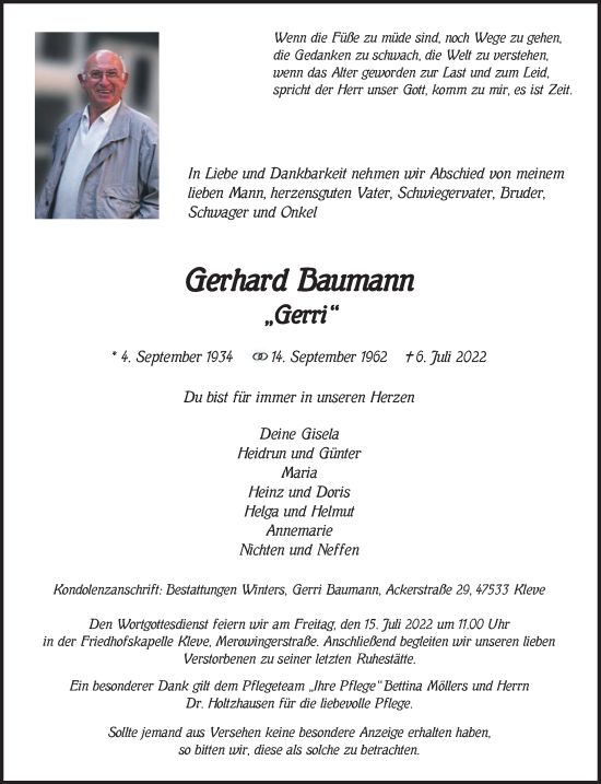 Traueranzeige von Gerhard Baumann 