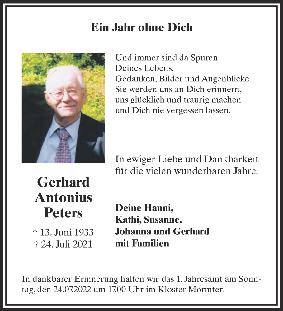  Traueranzeige für Gerhard Antonius Peters vom 20.07.2022 aus 