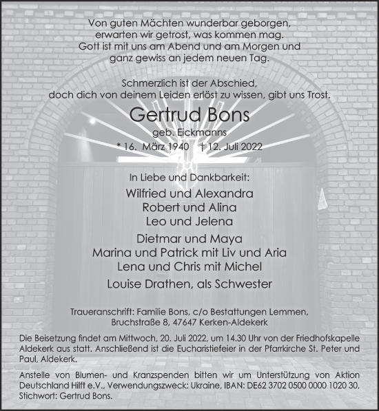 Traueranzeige von Gertrud Bons 