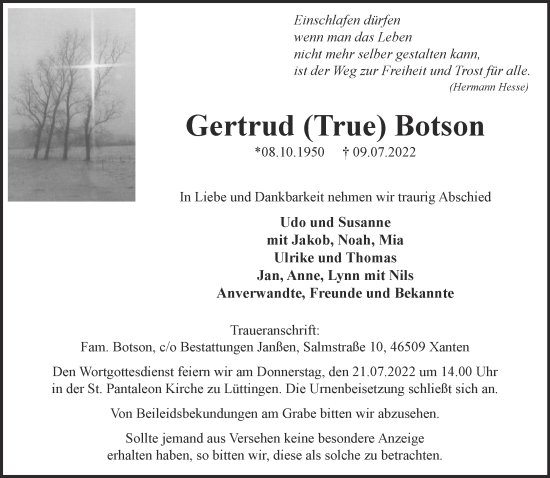 Traueranzeige von Gertrud Botson 