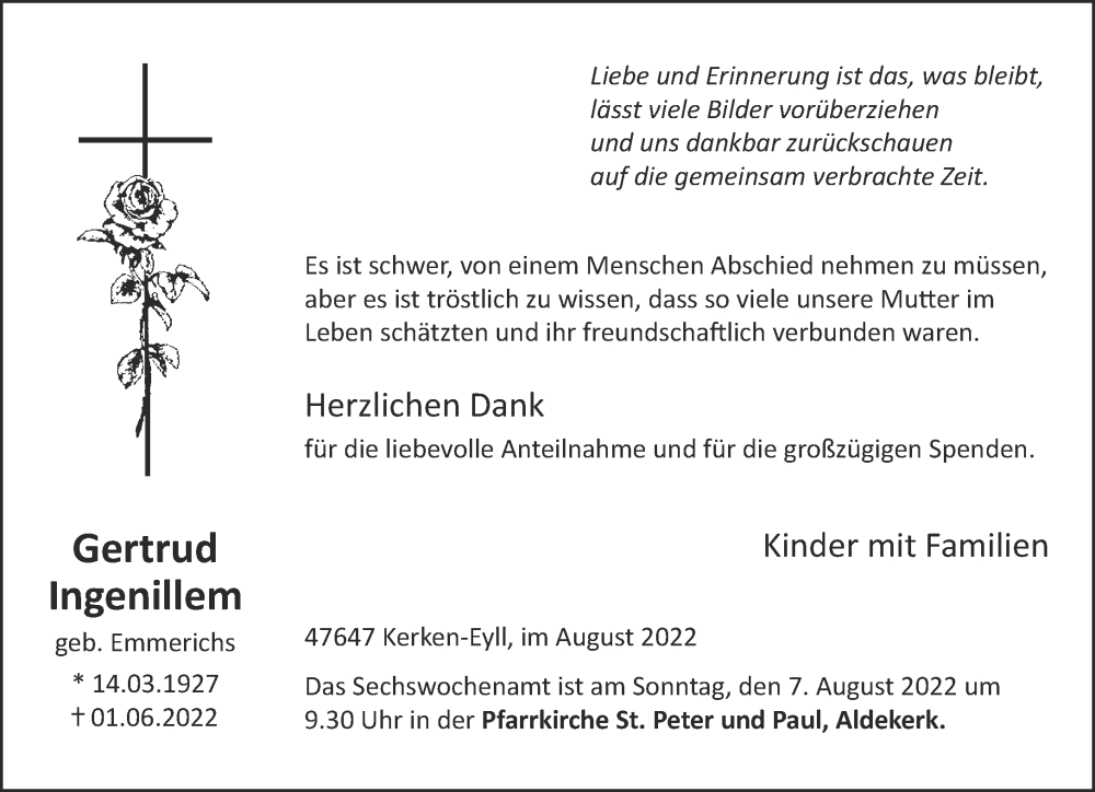  Traueranzeige für Gertrud Ingenillem vom 30.07.2022 aus 