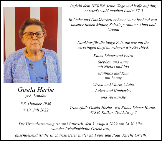 Traueranzeige von Gisela Herbe 