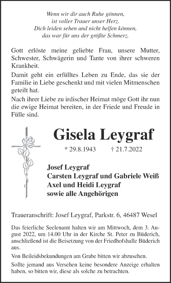 Traueranzeige von Gisela Leygraf 