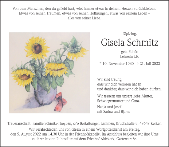 Traueranzeige von Gisela Schmitz 
