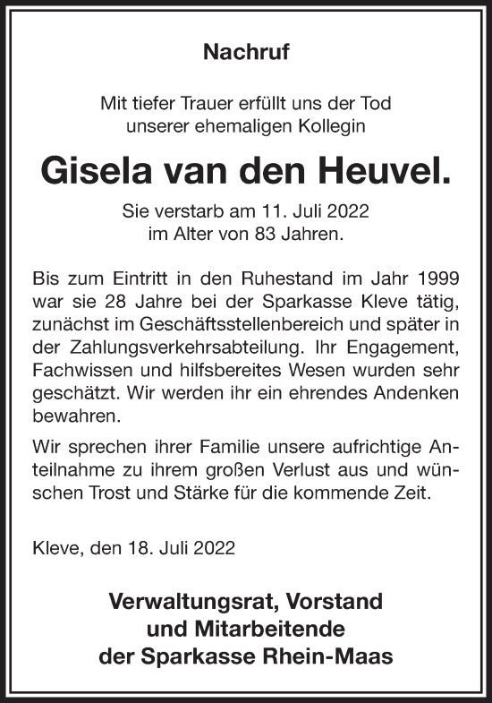 Traueranzeige von Gisela van den Heuvel 