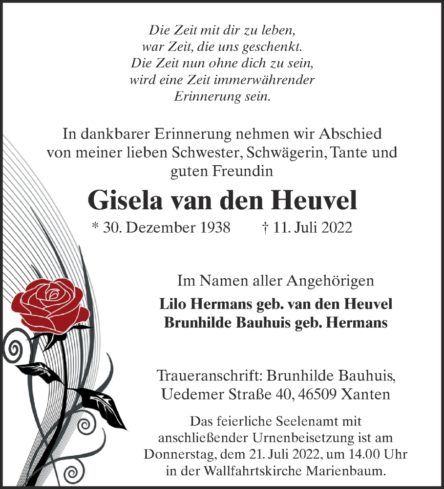  Traueranzeige für Gisela van den Heuvel vom 16.07.2022 aus 