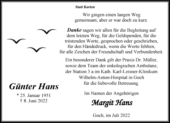 Traueranzeige von Günter Hans 