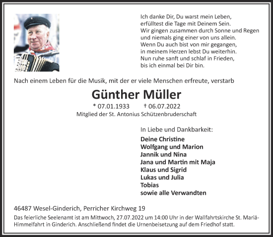 Traueranzeige von Günther Müller 