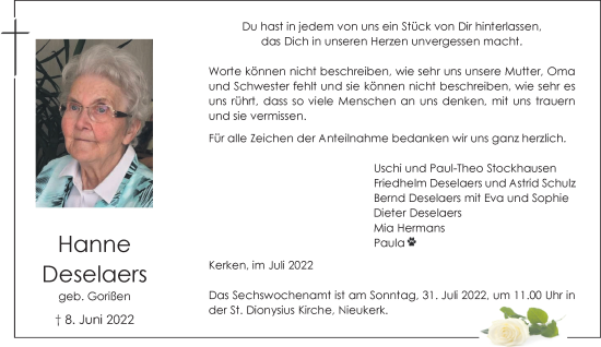 Traueranzeige von Hanne Deselaers 
