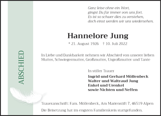 Traueranzeige von Hannelore Jung 