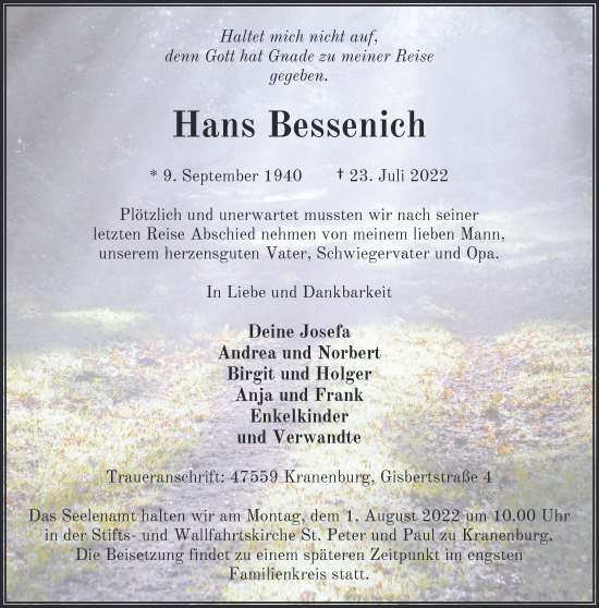 Traueranzeige von Hans Bessenich 