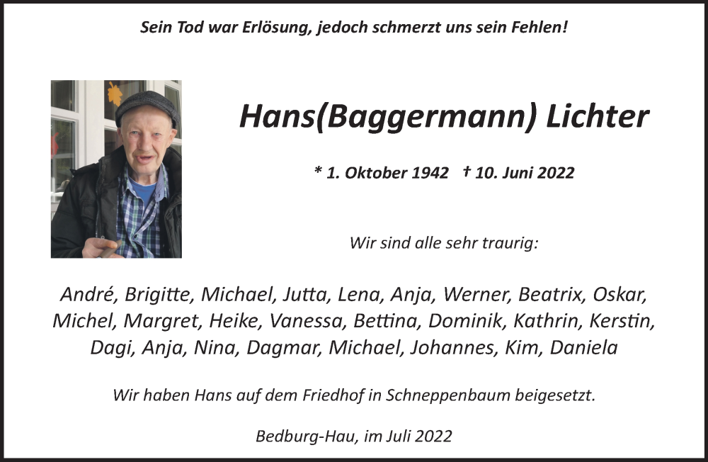  Traueranzeige für Hans Lichter vom 09.07.2022 aus 