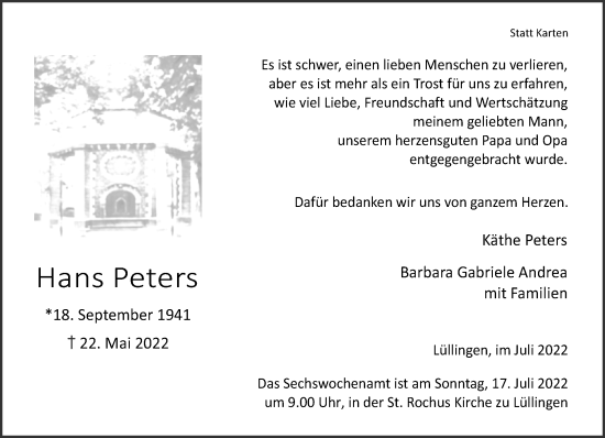 Traueranzeige von Hans Peters 